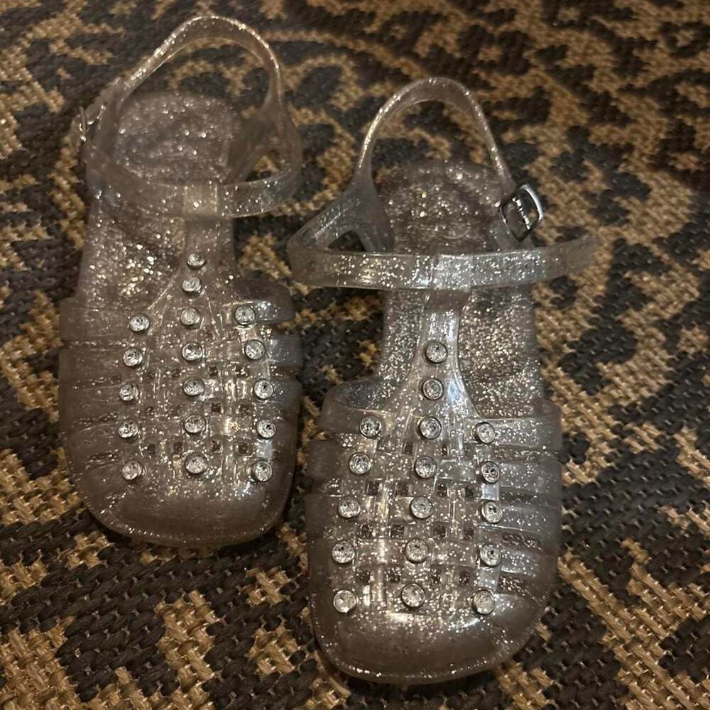 Girls Silver Glitter Rhinestone Jelly Sandals